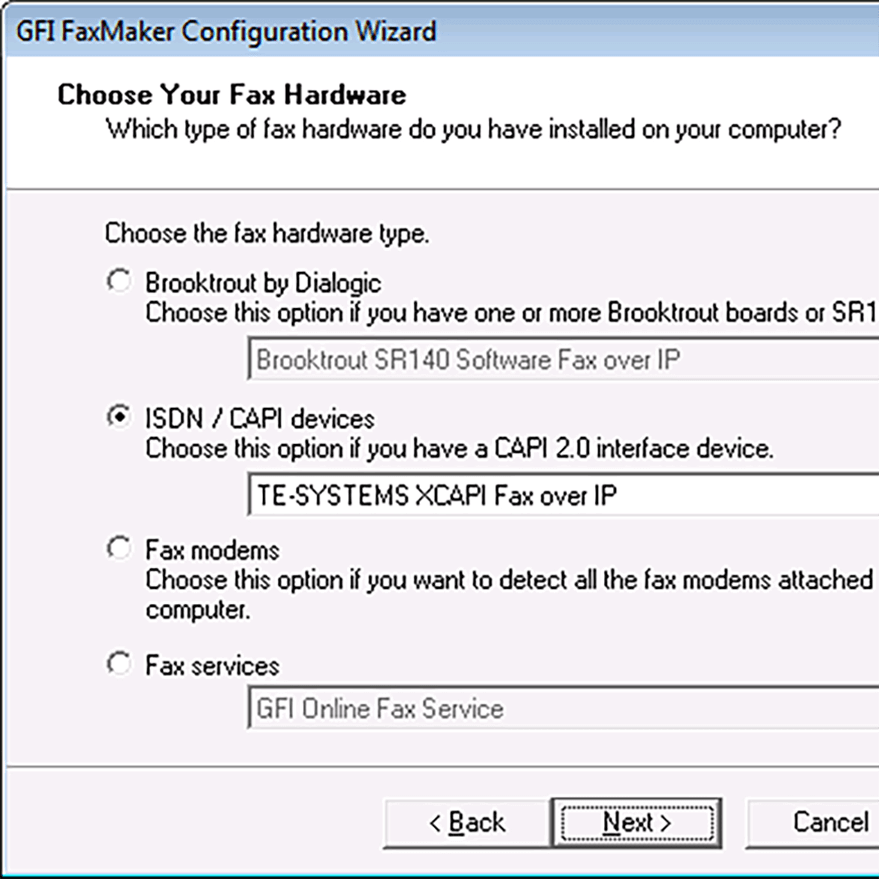 Supports Brooktrout and ISDN fax cards and modems